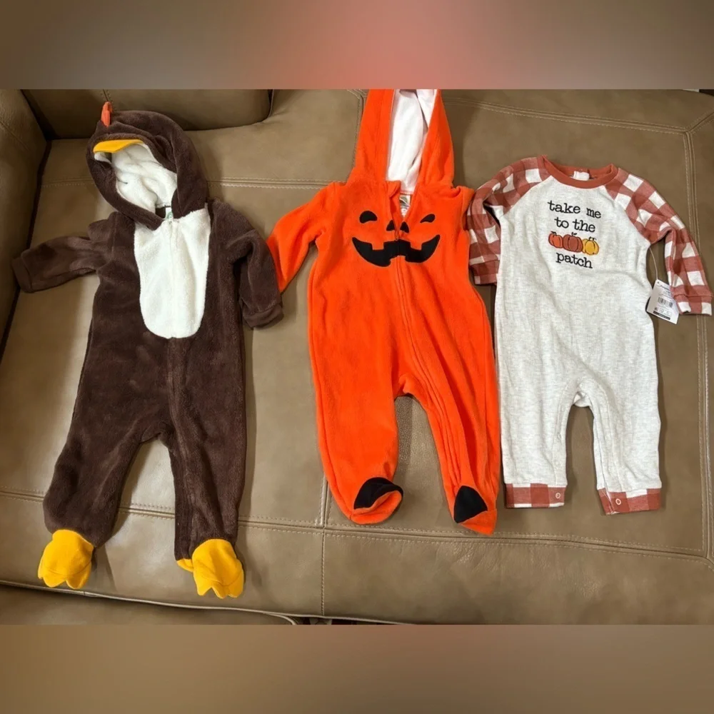 Three Halloween pumpkin and thanksgiving turkey onesies 6mo